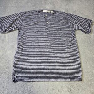 Naturalife Mens Large Henley Shirt Navy Blue Grey Striped Short Sleeve Cotton